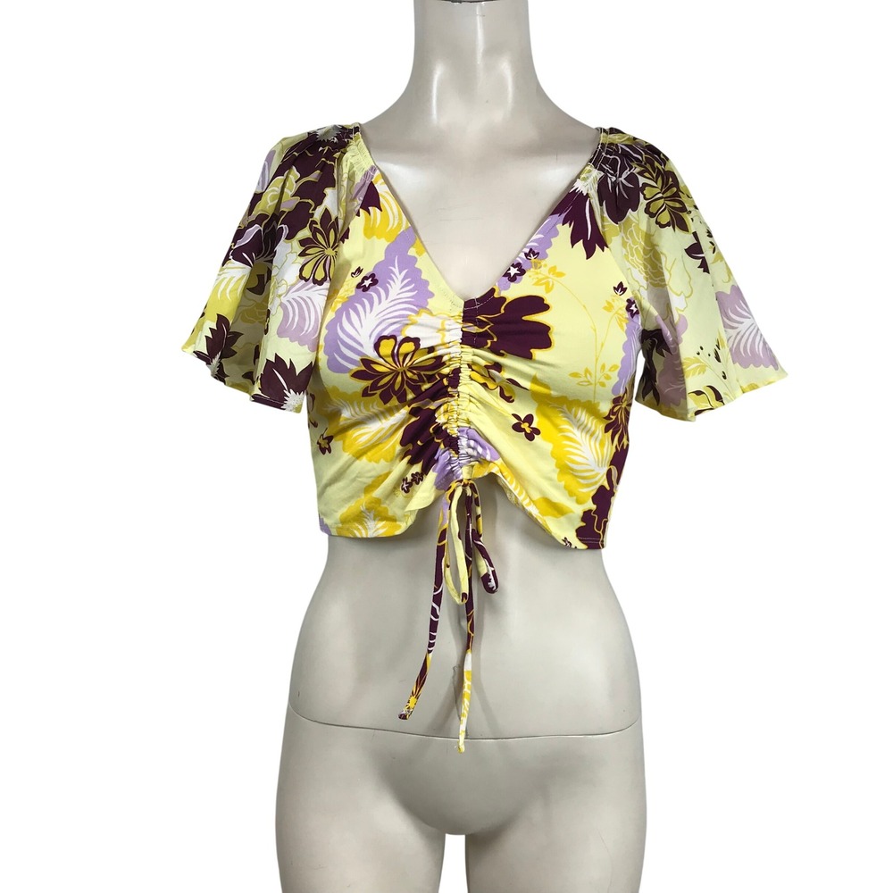 Maeve Anthropologie Yellow Floral Ruched Drawstring Crop Top XSP New With‎ Tags